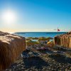 Spiaggia con ombrelloni gialli e sole basso sull'orizzonte.